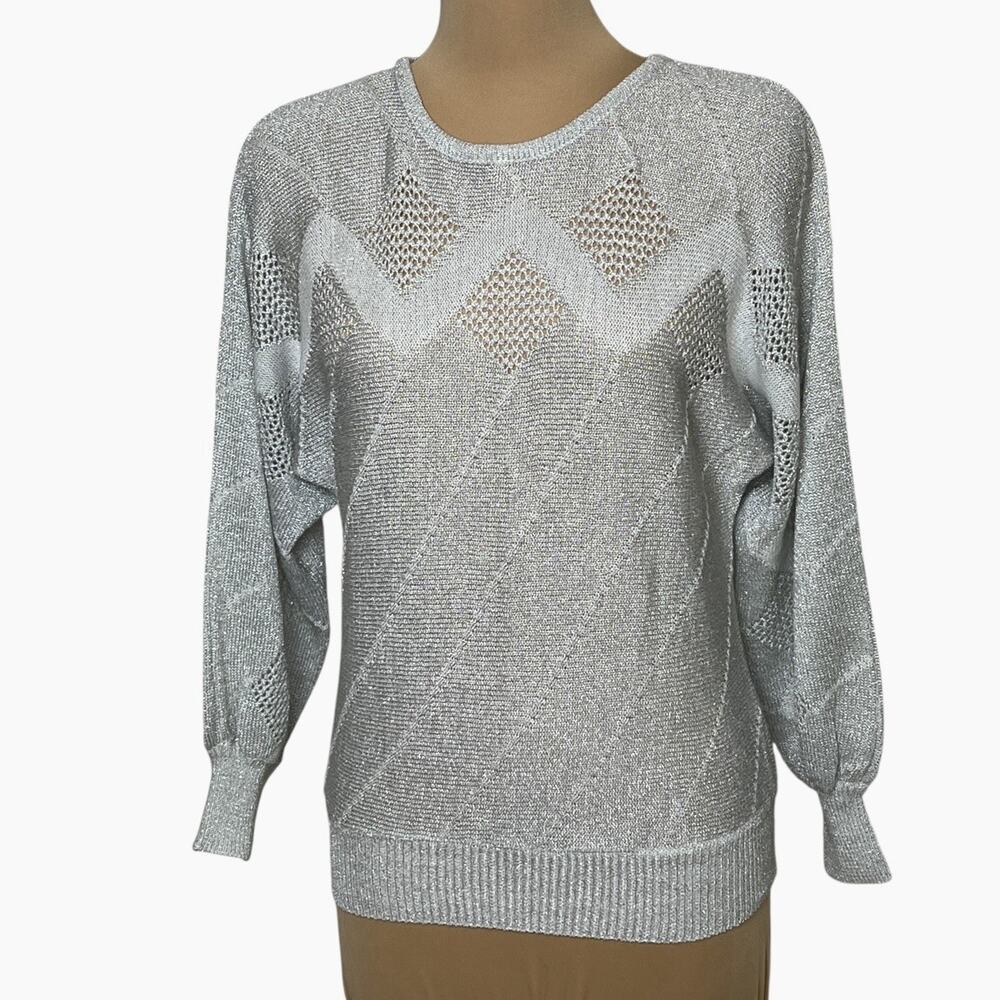 Joyce Sportswear Sweater Size Small Silver Metallic Lightweight Knit Sparkle Vtg